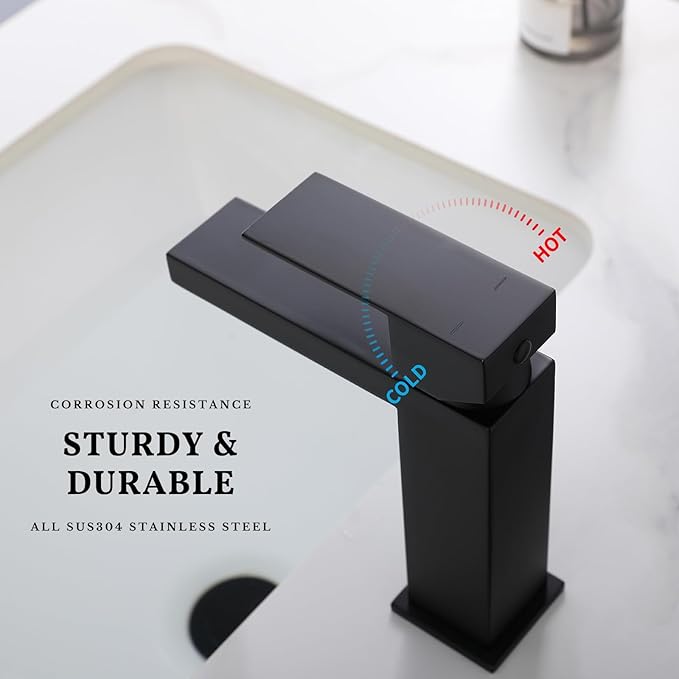 Black Bathroom Faucet Bathroom Sink Faucet SUS304 Stainless Steel for 1 Hole or 3 Holes Sink Single Handle Faucet One Hole with Pop Up Drain with Overflow Modern Vanity Faucets, SF3P-BK