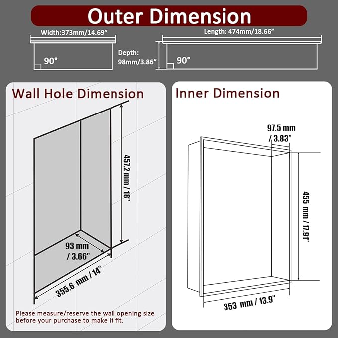 JQK Shower Niche No Tile Need, 18"×14" Matte Black Bathroom Insert Shelf, 304 Stainless Steel Recessed Shower Caddy Organizer Storage, SNL1814-PB