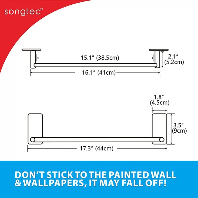 Songtec Adhesive Towel Bar Black 16-Inch, Stick On Bath Towel Rack No Drill, Strong Adhesion Tape Mount Towel Holder, Stainless Steel - Black
