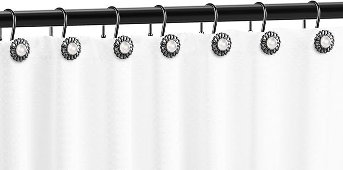 Black Sunflower Shower Curtain Rings and Hooks, Set of 12 Metal Rings and Hooks, Floral Pearl Finish, Matte Black