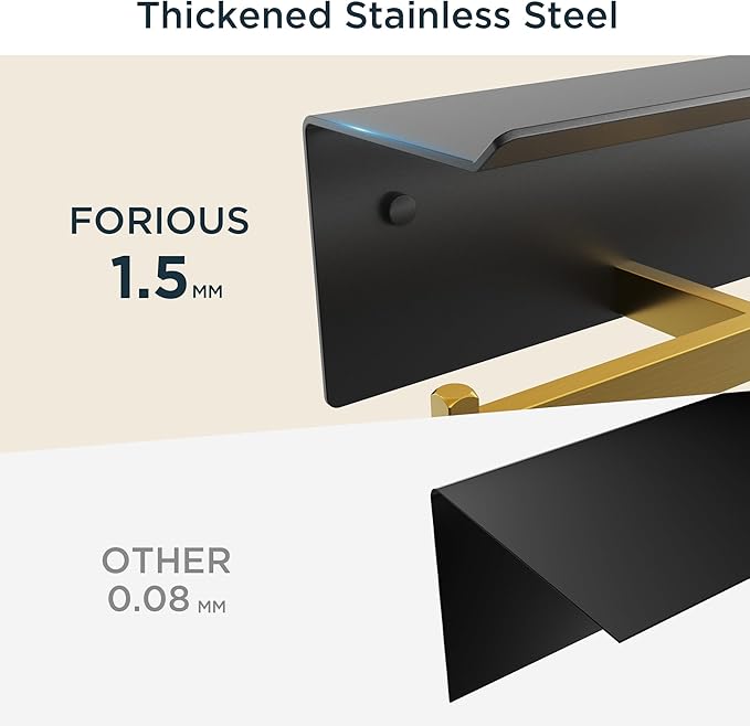 FORIOUS Toilet Paper Holder with Shelf, 304 Stainless Steel Wall Mount Commercial Toilet Paper Dispenser, Double Tissue Roll Holder for Bathroom (Matte Black & Brushed Gold)