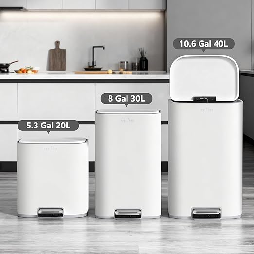 mVm 8 Gal Kitchen Trash Can, Step Trash Can with Lid, Smooth Edge Garbage Bin for Home Office (White)