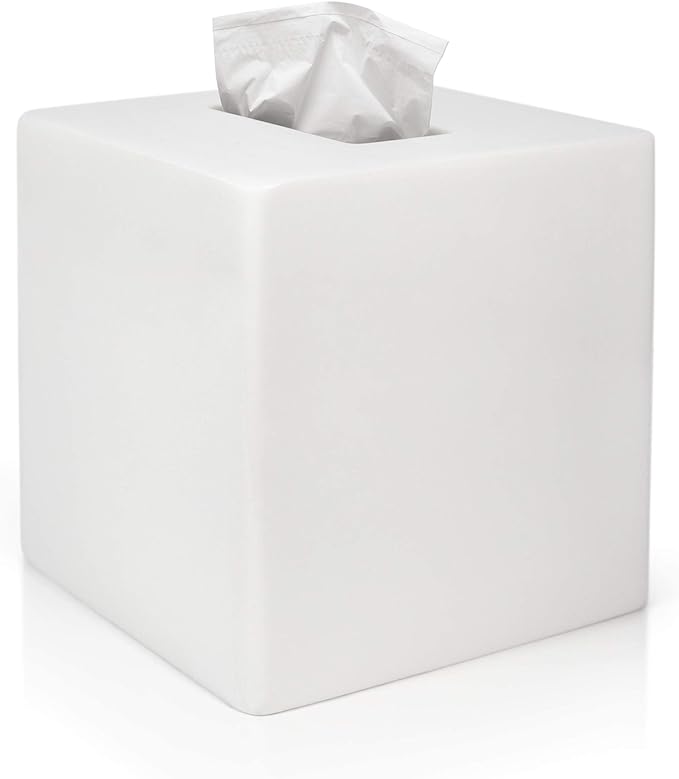 White Tissue Box Cover - Modern Tissue Holder, Lacquer High Gloss Finish & Rounded Edges - Cube Square Box. Bathroom, Desks, Kitchen Countertop, Dressers - Wont Move When You Pull a Tissue!