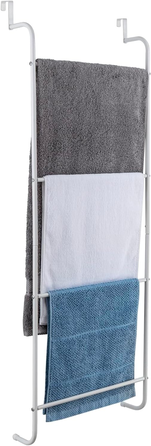 MyGift 4 Rung White Metal Ladder Over The Door Towel Rack - Bathroom Towel Holder, Space Saving Over Shower Door Drying Rack for Towels & Blankets
