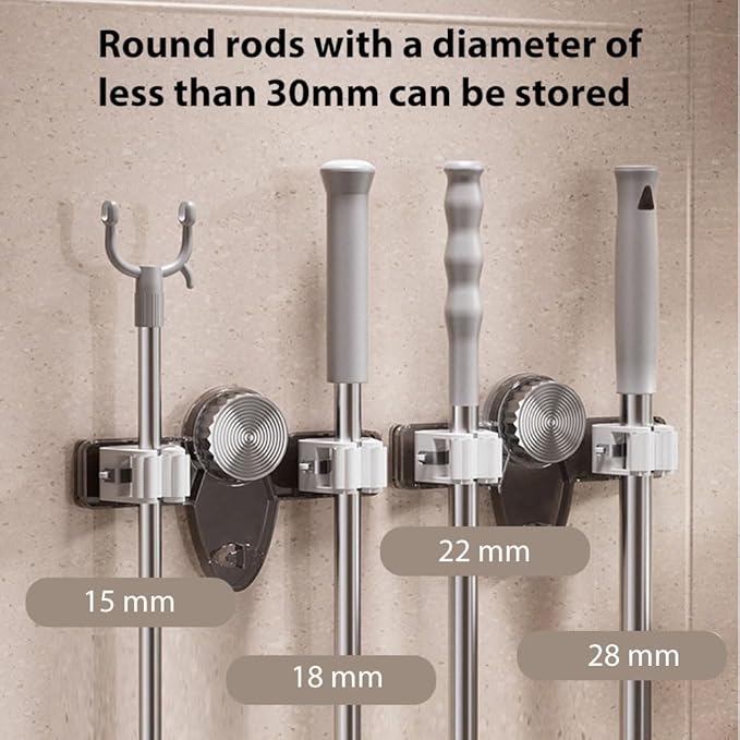 Broom Holder Mop Hanger, 2025 New No Drill Suction Cup Adjustable Organizer with Hooks, Space Saving Removable Wall Mount Organization Rack for Bathroom Kitchen Garage Laundry Room (2, White+Grey)
