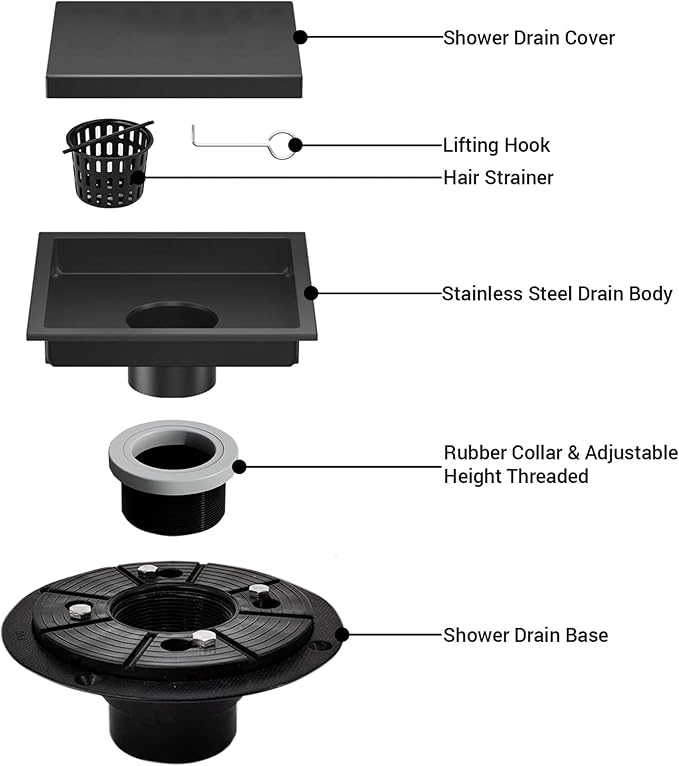 4 Inch Square Shower Floor Drain, Shower Drain Kit with Flange and 2 in 1 Tile-Insert Cover, Square Shower Drain, SUS 304 Stainless Steel Floor Drain,Matte Black