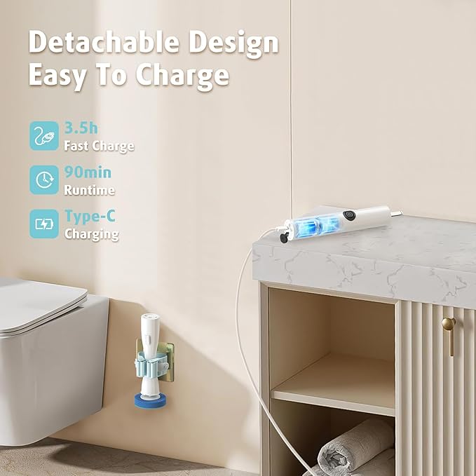 AIR U+ Electric Toilet Brush and Holder Set with 25 Disposable Refill Heads, Rechargeable & Wall-Mounted No Drilling Powerful Disposable Toilet Bowl Cleaner Wand