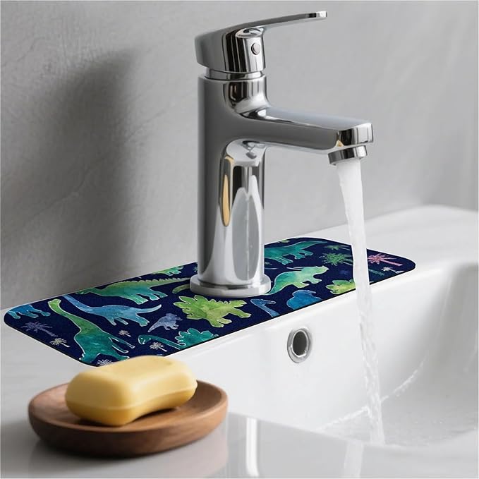 Kitchen Sink Splash Guard，Watercolor style dinosaurs Faucet Mat Sink Gadgets-Super Absorbent Fast Drying Mat Drip Catcher for Kitchen, Bathroom,Sink Mat, Dish Drying Mat, Bathroom(15" X 5.5" )