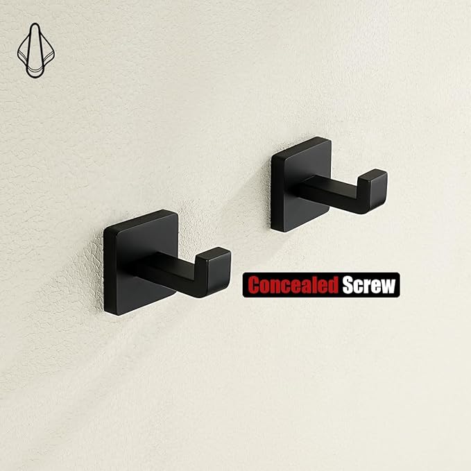 JQK Bathroom Towel Hook Black, Coat Robe Clothes Bath Wall Hooks for Kitchen Garage SUS 304 Stainless Steel Thick 0.8mm, 2 Pack Matte Black, TH250-PB-P2