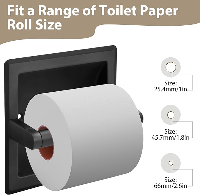 Recessed Toilet Paper Holder for Large Rolls, Pivoting Stainless Steel in Wall Toilet Paper Holder, Wall Mounted Bathroom Tissue Roll Dispenser with Modern Matte Black Finish
