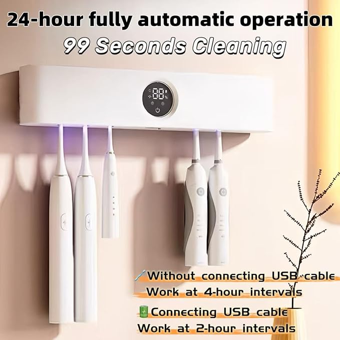 Toothbrush Holder Cleaner with Fan Drying Wall Mounted Razor Holder& Timer Function,5 Toothbrush Slots, Rechargeable Bathroom Accessor,LED Smart Screen for Home,Family Use,No Drilling