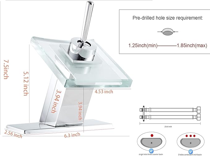 Bathroom Sink Faucet Waterfall Glass Spout Single Handle Chrome Bathroom Faucet One Hole Modern Lavatory Vanity Basin Sink Mixer Tap with Hole Cover Plate Deck Mount