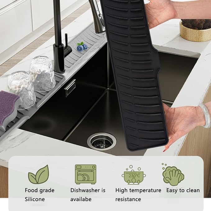 Silicone Faucet Mat for Kitchen Sink Bathroom Faucet Pad Sink Splash Guard Soap Sponge Holder Dish Drying Mat Double Side Available 2in1 Drainer Mat Heat-resistant 16.54x3.94in Black