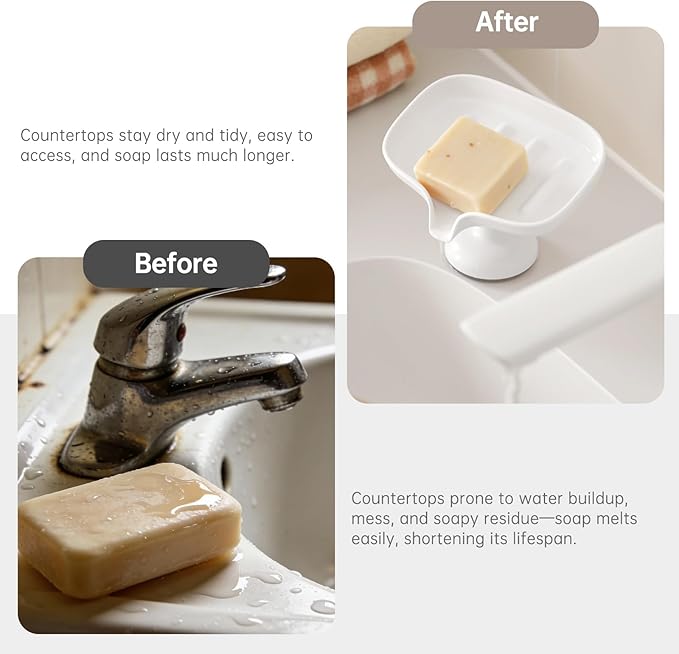 Self-Draining Soap Dish with Suction Cup, Stand Bar Soap Holder, No Drill Removable Sponge Tray for Shower, Bathroom, Kitchen Sink, Easy to Clean & Keeps Dry, White