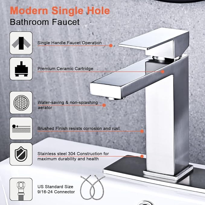 Brushed Nickel Bathroom Faucet, Single Hole Vanity Bath Faucet, Single Handle Modern Stainless Steel Bathroom Faucets for Sink 1 Hole with Pop Up Drain Stopper & Water Supply Hoses
