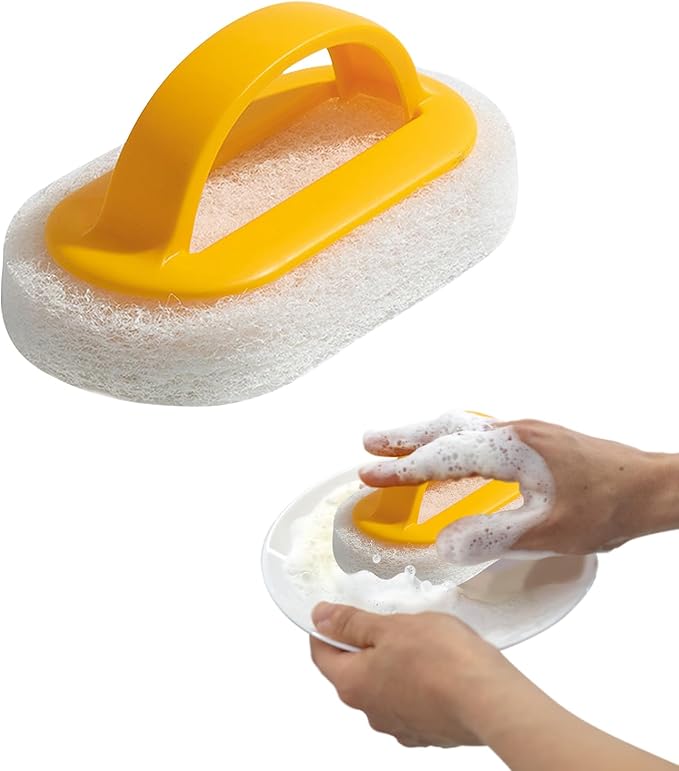 4 Pack Handled Scrubber, Scrub Brush Strong Scouring, Reusable Cleaning Sponge with Handle for Shower Tile, Bathtube, Sink (Yellow)