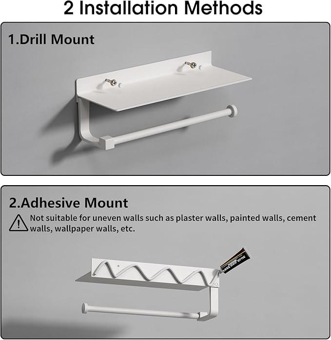 Danpoo White Paper Towel Holder with Shelf Wall Mount, Adhesive Hand Towel Holder for Bathroom, Kitchen Towel Holder