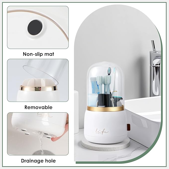 Toothbrush Holders for Bathrooms,Rotating 5-Slot with Cover and Draining Water,Kids Electric Toothbrush Holder and Toothpaste Stand Storage for Bathroom Accessories Counter Organizer Vanity