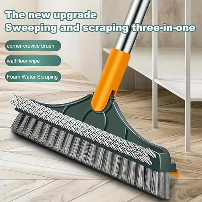 Bloame Cleaning Brush, 3 in 1 Floor Scrub Brush with Squeegee, 180° Rotating Long Handle Grout Crevice Brush, Heavy-Duty Soft Scraper for Cleaning Bathroom, Glass, Kitchen & Patio (White)