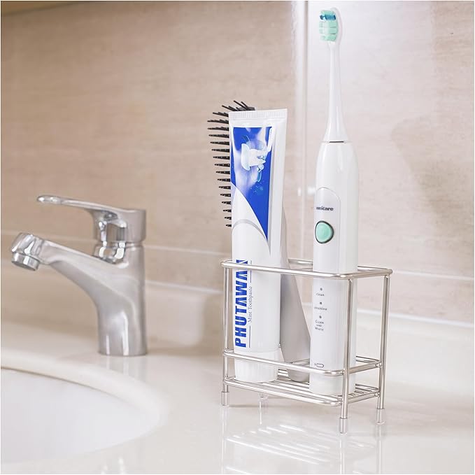 T.R.Sani. Electric Toothbrush Holders for Bathrooms, Toothbrush and Toothpaste Holder for Countertop, Bathroom Accessories for Razor, Comb's Storage-Two Slots, Stainless Steel, Silver