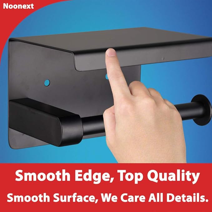Matte Black Toilet Paper Holder Adhesive, Toilet Paper Roll Holder with Shelf, 3M Adhesive No Drill or Wall-Mounted with Screws for Bathroom & Kitchen