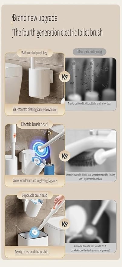 Electric Toilet Brush with Disposable Heads, Wall-Mounted Power Scrubber, 3-Speed Motor, 250 RPM Deep Clean Technology (Grayish-White)