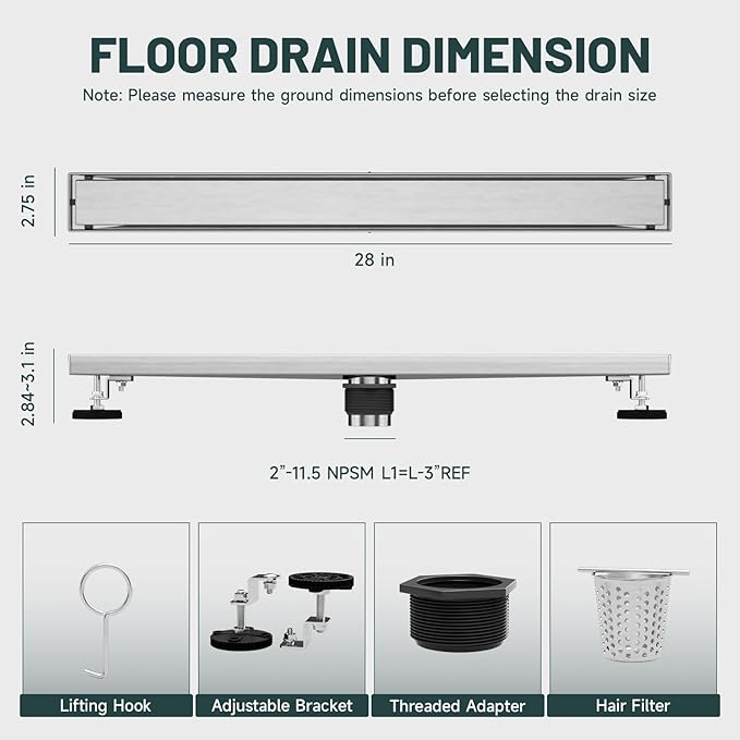 28-Inch Linear Shower Floor Drain, Stainless Steel Bathroom Floor Drains, Rectangular Shower Trench Floor Drain, Hair Strainer, Brushed Nickel