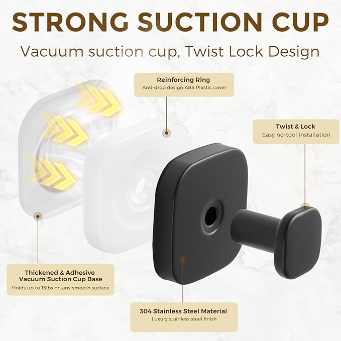 Suction Cup Hooks for Shower, No-Drill Towel Hooks for Bathrooms, Kitchen, Glass Door, Mirror, Tile, Shower Suction Hooks for Hanging Towels, Robe, Loofah, Christmas Wreath (Matte Black, 4 Pack)