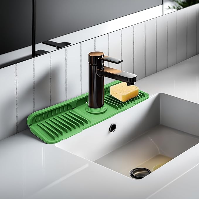 14.5" Green Silicone Faucet Mat for Kitchen Sink – Button Style Faucet Drip Catcher Sink Splash Guard with 6° Slope, Behind Faucet Draining Mat | Leak-Proof Countertop Protector for Kitchen Bathroom