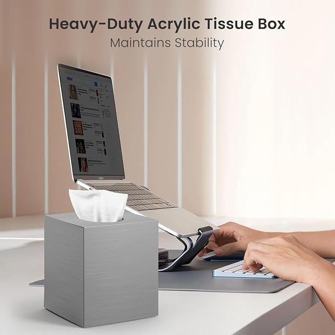 Tissue Box Cover, Square Modern Facial Acrylic Tissue Holder Napkin Dispenser Accessories for Bathroom Vanity Countertop,Bedroom Dresser,Night Stand,Desk,Office (Sliver)