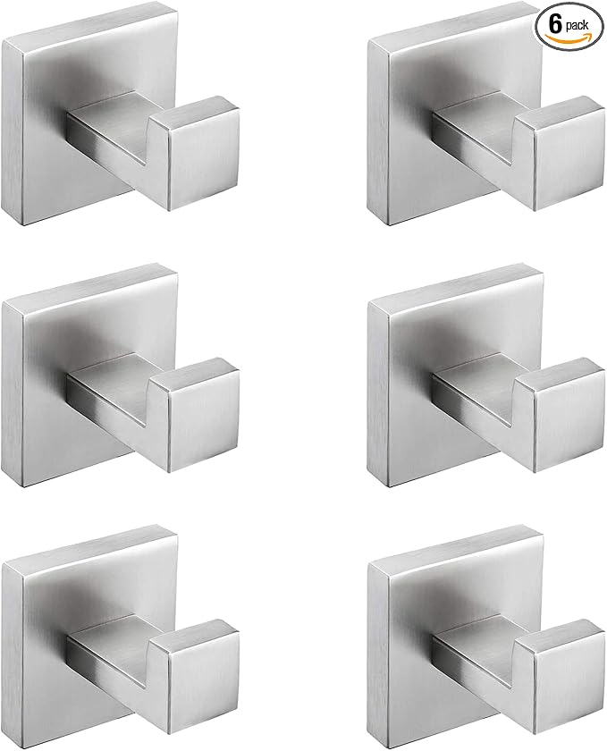 Nolimas Towel Hook Stainless Steel Bathroom Rustproof Clothes Towel Coat Hook Wall Mounted Square Toilet Kitchen, Heavy Duty Door Hanger, 6 Pack, Brushed Nickel