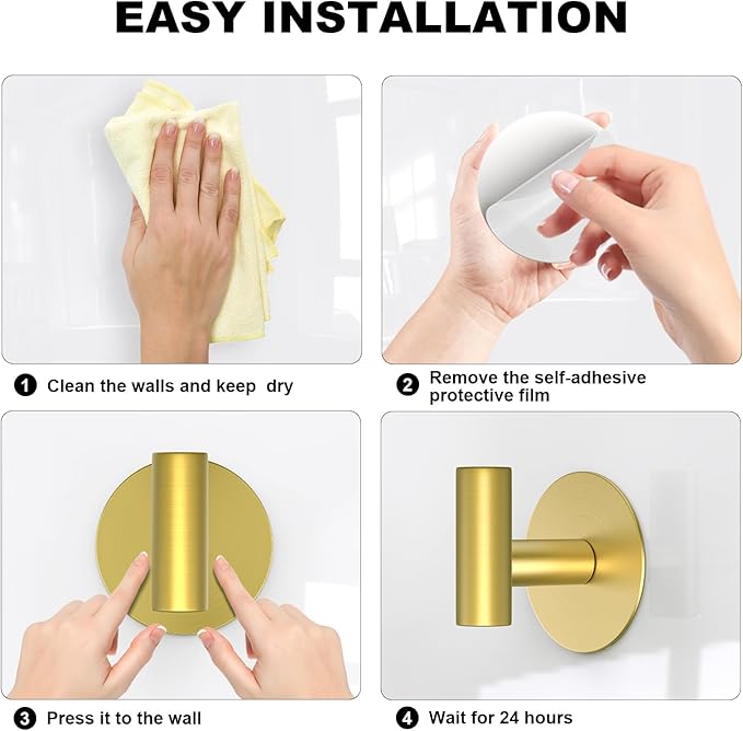 PMMASTO Adhesive Hooks, Matte Stainless Steel Sticky Hooks for Hanging, Self Adhesive Shower Wall Hooks, Towel Hooks Heavy Duty for Bathroom, Bedroom RV and Kitchen (Gold “T ”Shape 2PC-R)