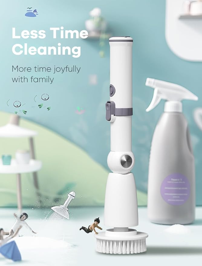 Electric Spin Scrubber,Floor Scrubber with Long Handle Power Scrubber Dual Speeds,Cleaning Brush Cordless,Shower Scrubber Scrub Brush with 3 Adjustable Angles,8 Brush Heads for Bathroom,Tile