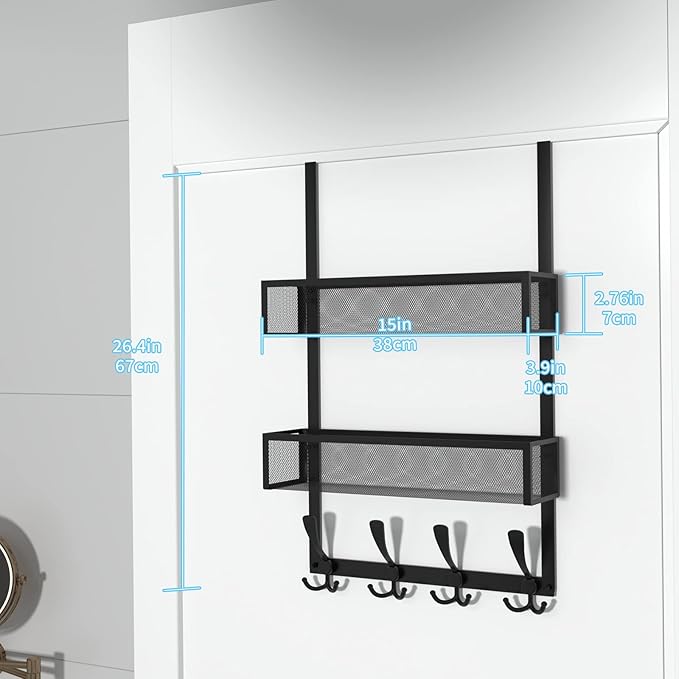 Kaiferty Over The Door Hooks Organizer,Coat Rack with 12 Hooks and 2 Mesh Baskets,Back of Door Storage Organizer for Bathroom,Bedroom,Kitchen,Office(Black)