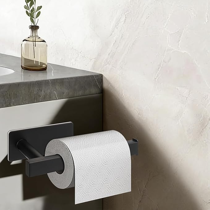 NearMoon Toilet Paper Holder Self Adhesive, Premium Thick SUS304 Stainless Steel Square Rustproof Toilet Roll Holder no Drilling for Bathroom, Kitchen, Washroom (Matte Black)