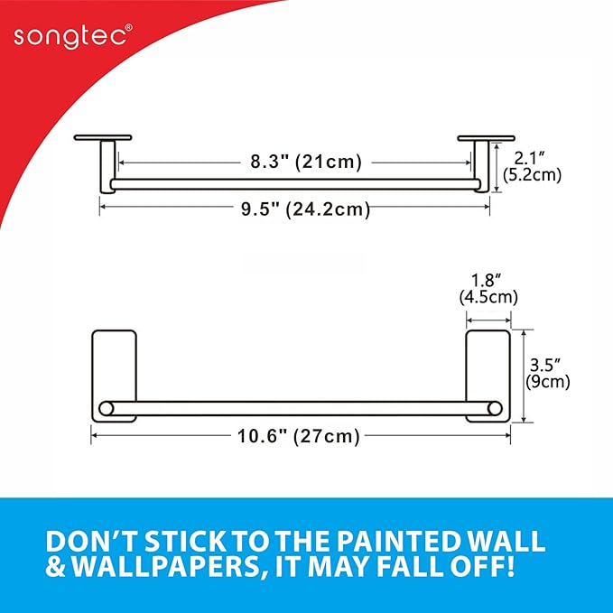Adhesive Towel Bar 9-inch, Stick On Bath Towel Rack, Hand Towel Holders, No Drilling on Wall - Brushed Nickle