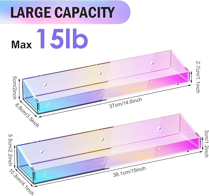 2 Pack Acrylic Shelves for Wall Storage, 15" Floating Shelves, Kids Bookshelf, Nail Polish Holder, Perfume Display Shelf Organizer for Bathroom, Bedroom, Living Room, Iridescent