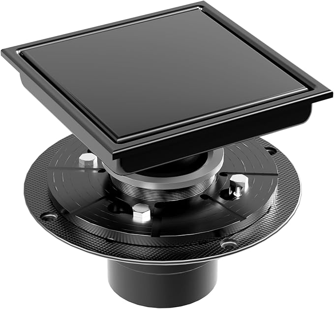 6 Inch Square Shower Drain with Flange Reversible 2-in-1 Cover Tile Insert Grate SUS 304 Stainless Steel, Hair Catcher, Anti-Clog, Rust-Resistant, Fast Drainage (Black)