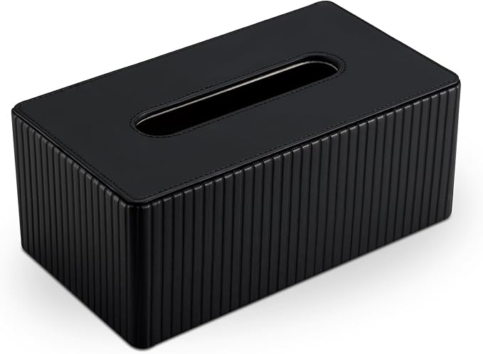 KINGFOM PU Leather Tissue Box Cover Rectangular Tissue Box Holder with Magnetic Bottom, Napkin & Facial Tissue Holder Dispenser for Home, Office (Decorative Pattern-PU Leather, Black Stripe)