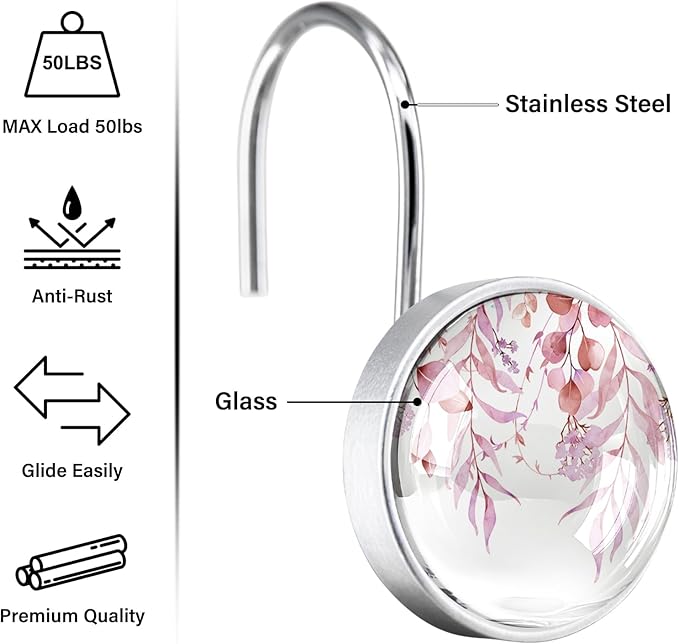 12 Pcs Pink Eucalyptus Shower Curtain Hooks - Decorative Shower Curtain Hooks Rings Set - Stainless Steel Round Resin Shower Rings Hangers for Modern Bathroom Home Bath Room Rods Decor