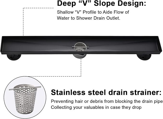 Linear Shower Floor Drain, Black 32 Inch 304 Stainless Steel Bathroom Drains Kit, Rectangular Shower Trench Drain with Reversable Tile-in Pattern Drain Cover & Hair Catcher