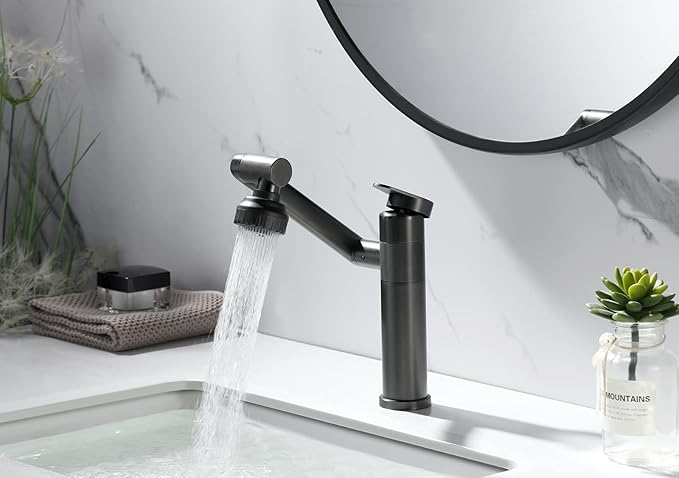 1080 Degree Swivel Bathroom Faucet Gun Grey Lavatory Basin Sink Faucet 1 Handle Big Angle Spray Aerator Spout Extender Universal 360° Rotating Arm Splash Filter 2 Water Outlet Modes