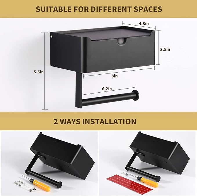 Toilet Paper Holder with Shelf, Wipe Holder for Bathroom, Large, Stainless Steel, Wall Mounted, Matt Black, Upgraded Toilet Paper Holder