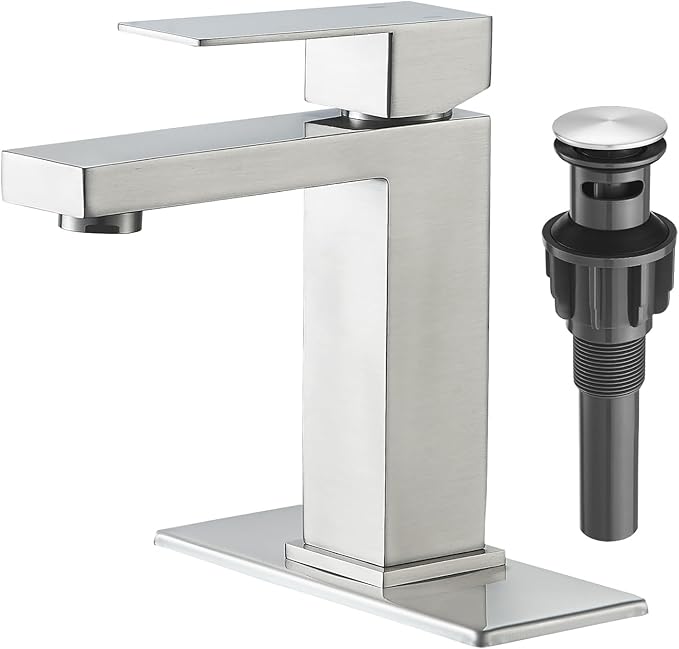 VOTON Bathroom Faucet Brushed Nickel, Modern Single Handle Bathroom Faucets for 1 or 3 Hole Bathroom Sink Faucet Mixer Tap Washbasin Faucet with Deck, Pop-up Drain and Supply Hoses