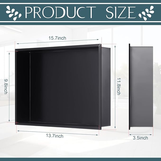 Geelin Shower Niche 15.7 x 11.8 x 3.5 Black Insert Storage Shower Shelf Recessed Wall Niche No Tile Needed Stainless Steel Bathroom Storage for Bathroom Shampoo Soap Shelf Easy Install