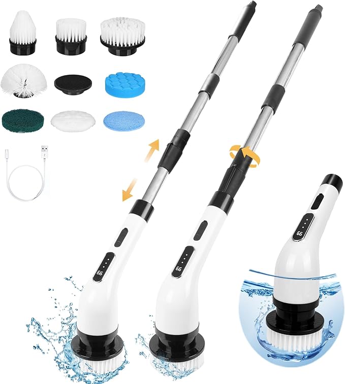 Electric Spin Scrubber, Cordless Cleaning Brush Scrubber for Home 9 Replaceable Brush Heads with Extension Handle, 3 Speeds for Bathroom Shower Bathtub Glass Car