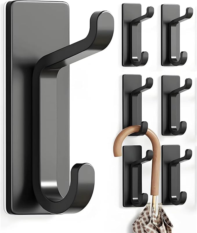 Quik D Heavy Duty Adhesive Wall Hooks for Hanging (4 Pack) — Waterproof & Rustproof Double Hooks, No Drilling Stick On Hooks for Bathroom, Kitchen, Door, Coat, Towel, Keys & Robes (6)