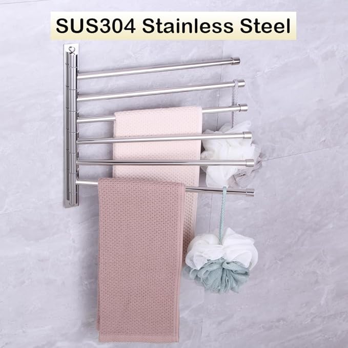 Towel Holder Swing Out Towel Bar Stainless Steel Bathroom Hand Towel Rack 6-Bar Folding Arm Swivel Hanger Wall Mount Polished Finish