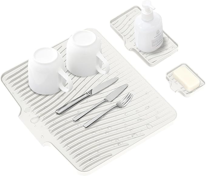 Silicone Dish Drying Mat for Kitchen Counter, Dish Drying Pad, Non-Slip Drain Pad with Built-in Drain, Heat Resistant Stone Drying Mat, Cream-1Set