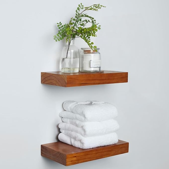 Homeforia 12 inch Oak Floating Shelf, High End Solid Real Wood 12inch Small Floating Shelves for Wall Mounted, Honey Oak Wooden 12in Floating Shelves, Heavy Duty Bracket, 12 X 6.5 X 1.75 in, Set of 3